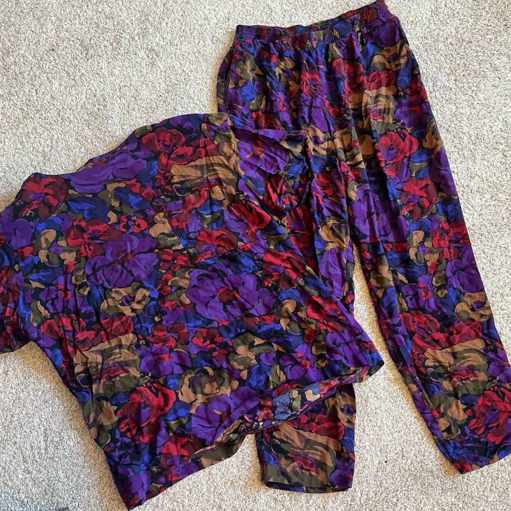 Sag Harbor purple red and mustard floral shirt and pants matching set.